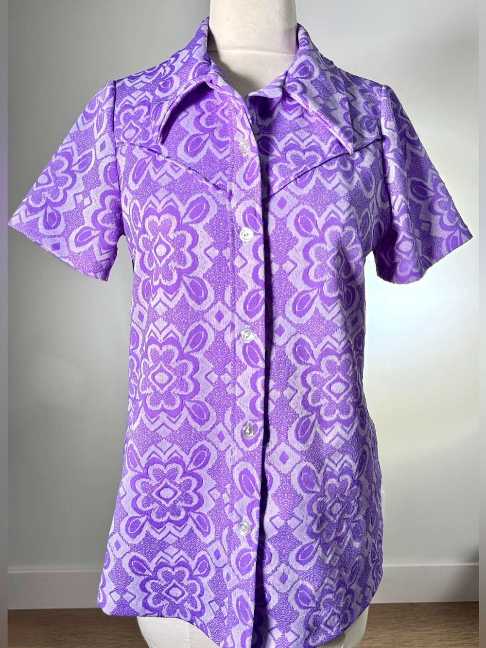 Vintage 1960s Purple Geometric Floral Jacquard Shirt Homemade Groovy Cool Top
